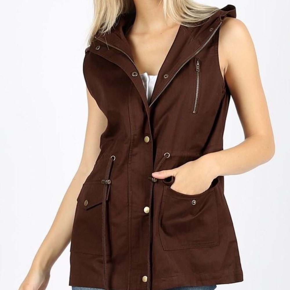 LOOSE FIT DRAWSTRING WAIST MILITARY HOODIE VEST